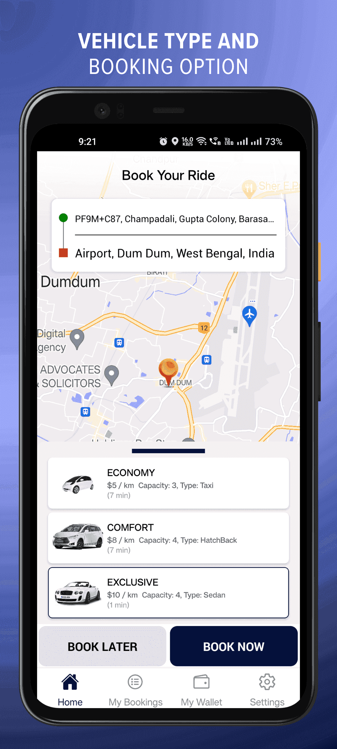 Vehicle type and booking option